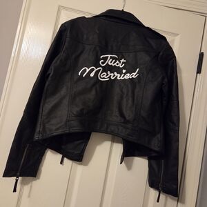Davids Bridal Black Vegan Leather 'Just Married' Moto Jacket